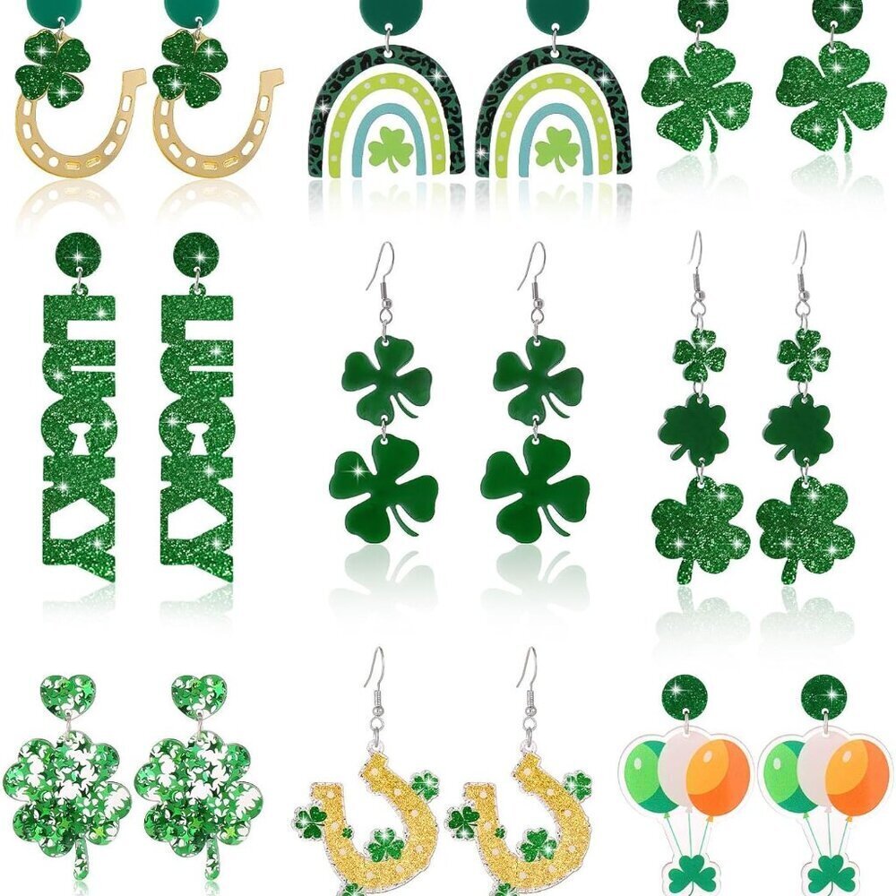 St Patrick's Day Earrings Set 9 Pairs Green Shamrock Clover Festive Dangle Jewel
